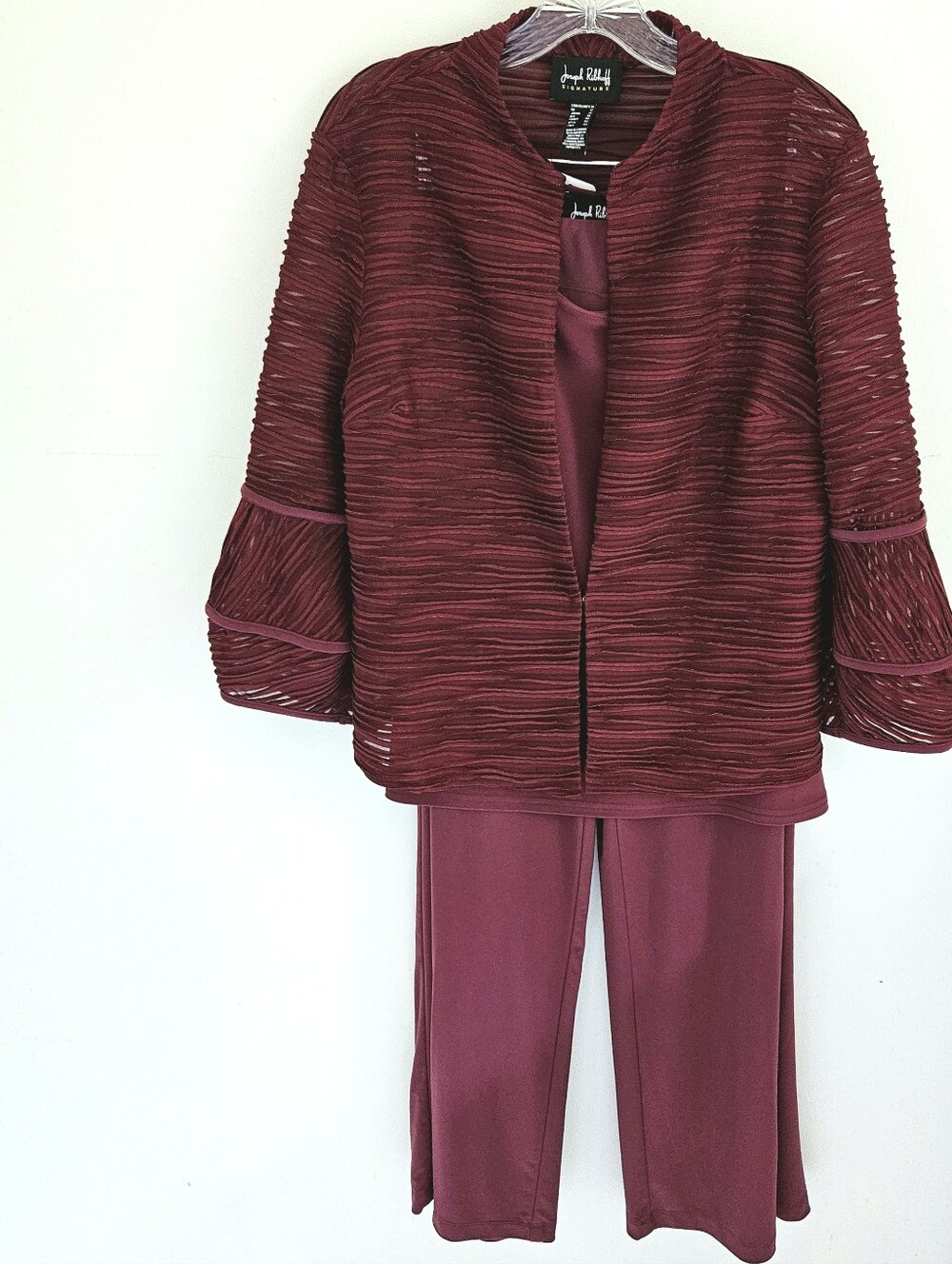 Joseph Ribkoff Set Merlot 3 Piece Open Ruched Jacket Pants Top - Picture 3 of 12